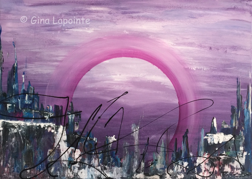 Apocalypse en mauve, 
    acrylique sur toile, 19.6 x 27.5 (50 x 70 cm)