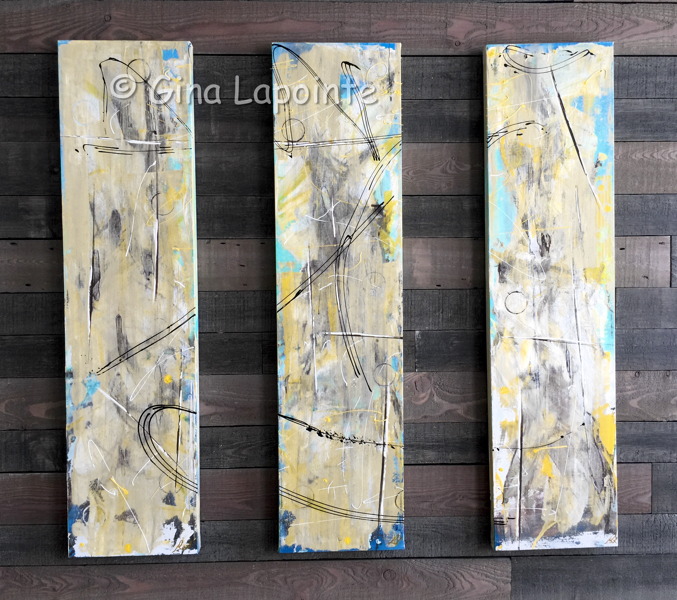 Tryptique jaune, acrylique sur toile, panneaux de 12 x 48 (30.5 x 121.9 cm)